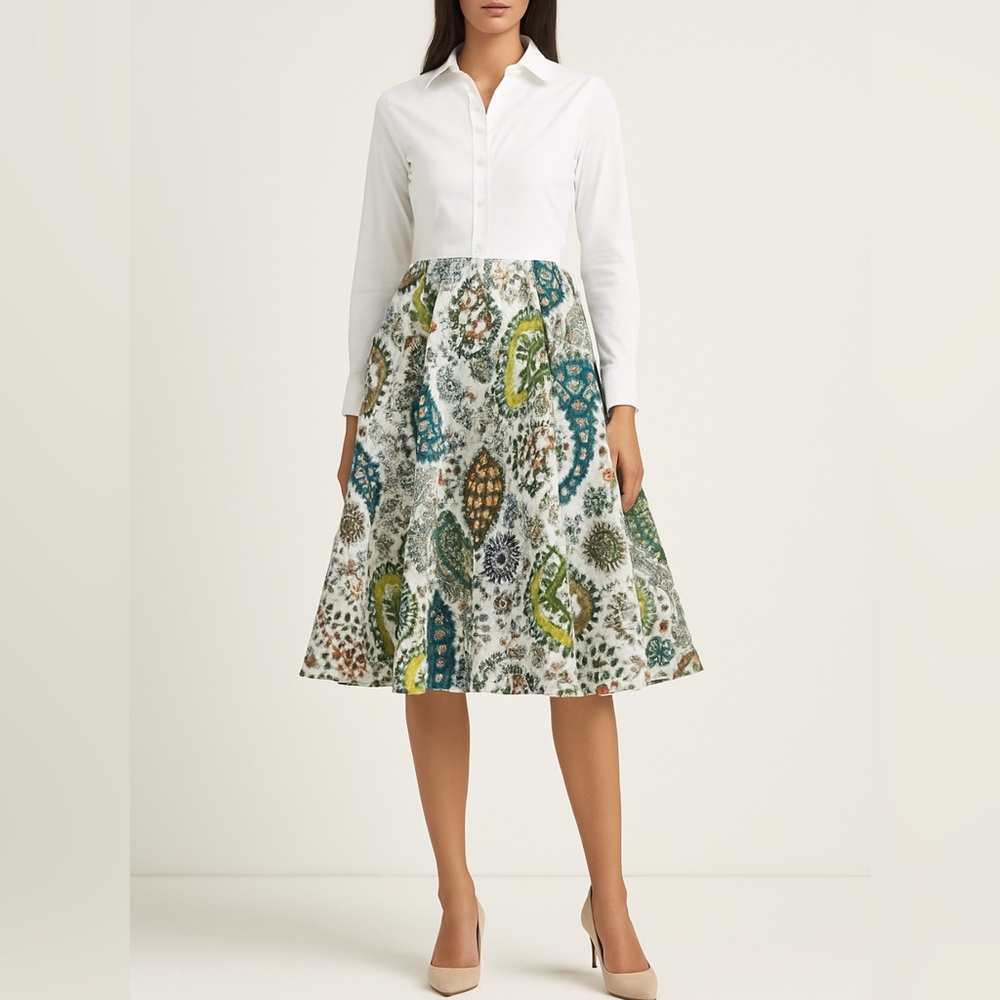 SARA ROKA Button-Down Shirt Dress with Bold Jewel Print Skirt Italian Designer